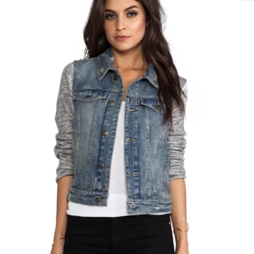 Free People Knit Sleeve Distressed Denim Jacket Size XS